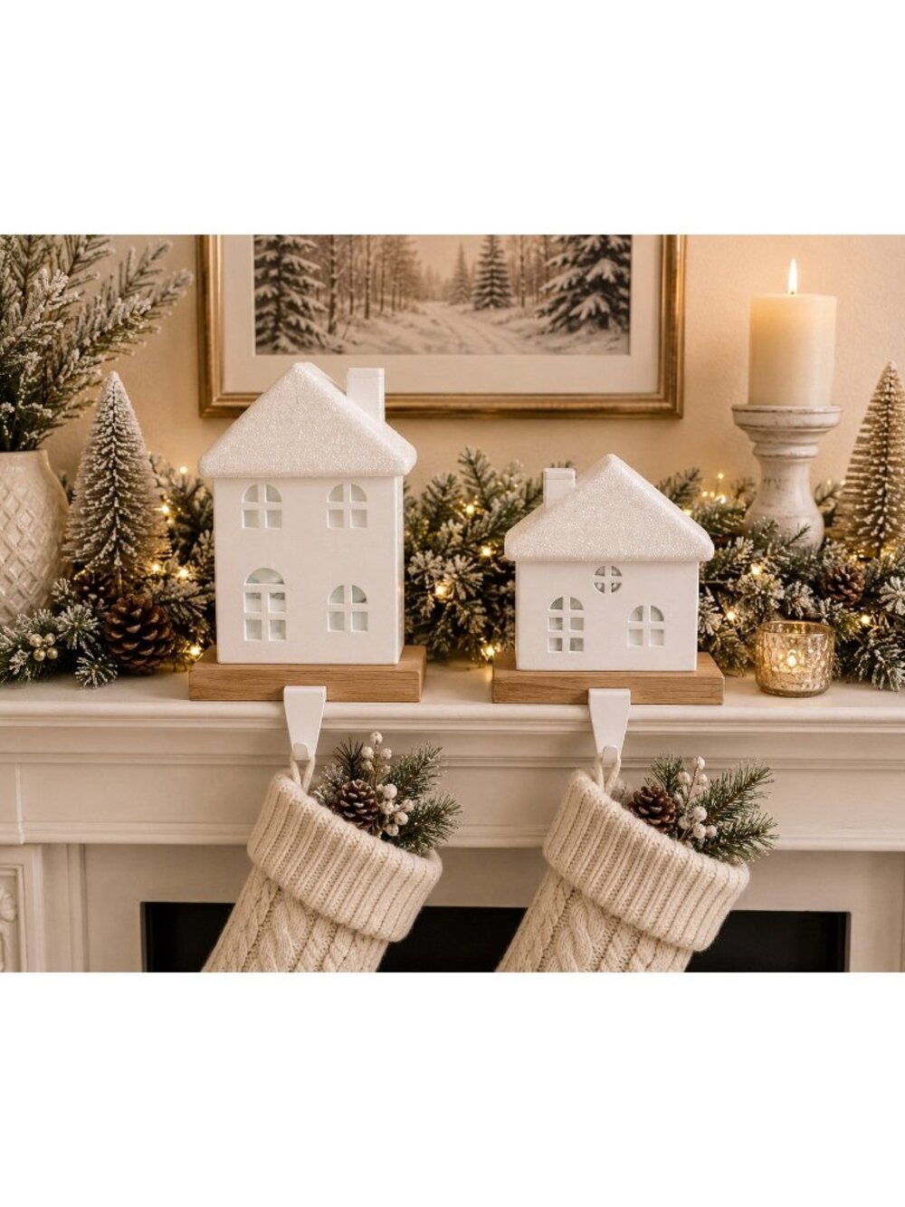 White Houses Stocking Holders Set Of 2 Wood Base Christmas Holiday Mantel Decor